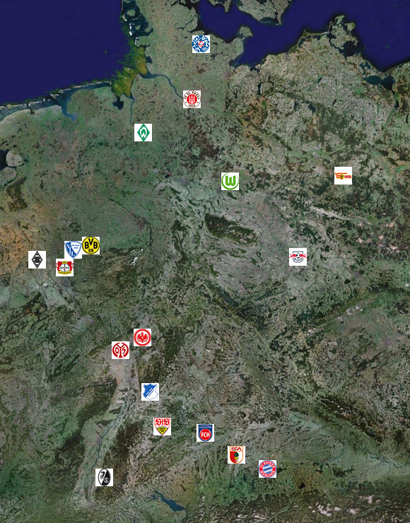 Bundesliga Carte d'Allemagne des clubs 2023/2024